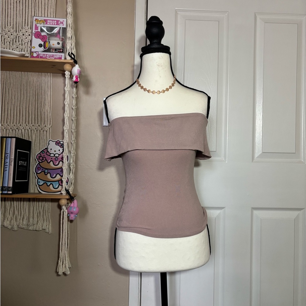 See You Monday Ribbed off the shoulder top in Soft Beige